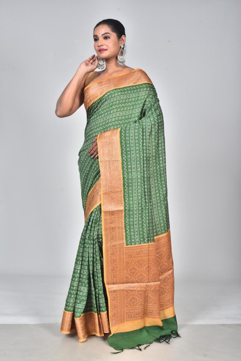 Silk Moonga Woven Saree with Jacquard Border Palla and Print (Green)