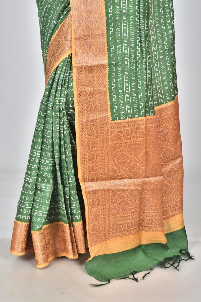 Silk Moonga Woven Saree with Jacquard Border Palla and Print (Green)