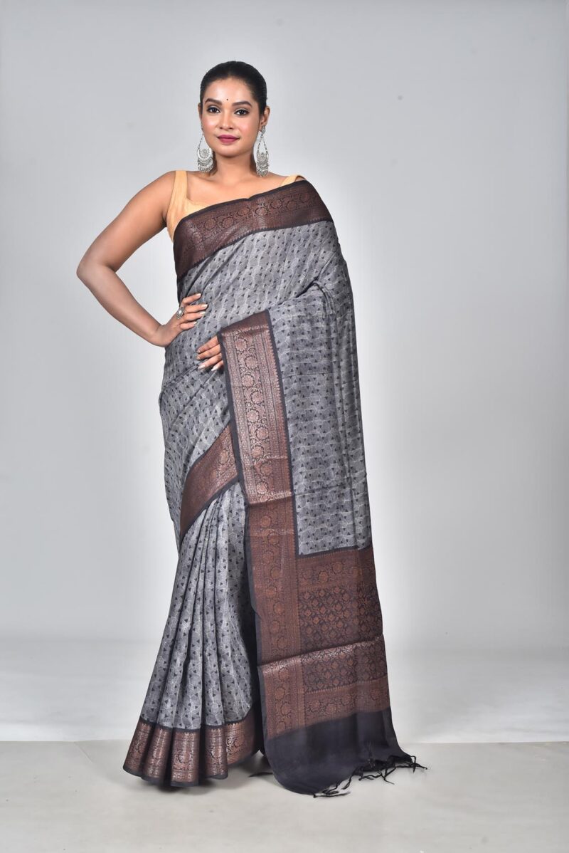 Silk Moonga Woven Saree with Jacquard Border Palla and Print (Black)