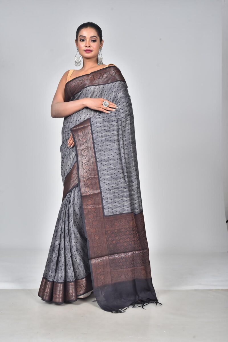 Silk Moonga Woven Saree with Jacquard Border Palla and Print (Black)