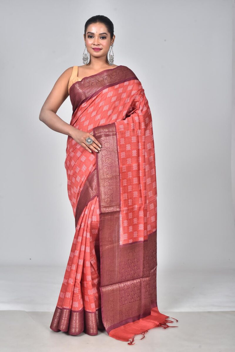 Silk Moonga Woven Saree with Jacquard Border Palla and Print (Rust)