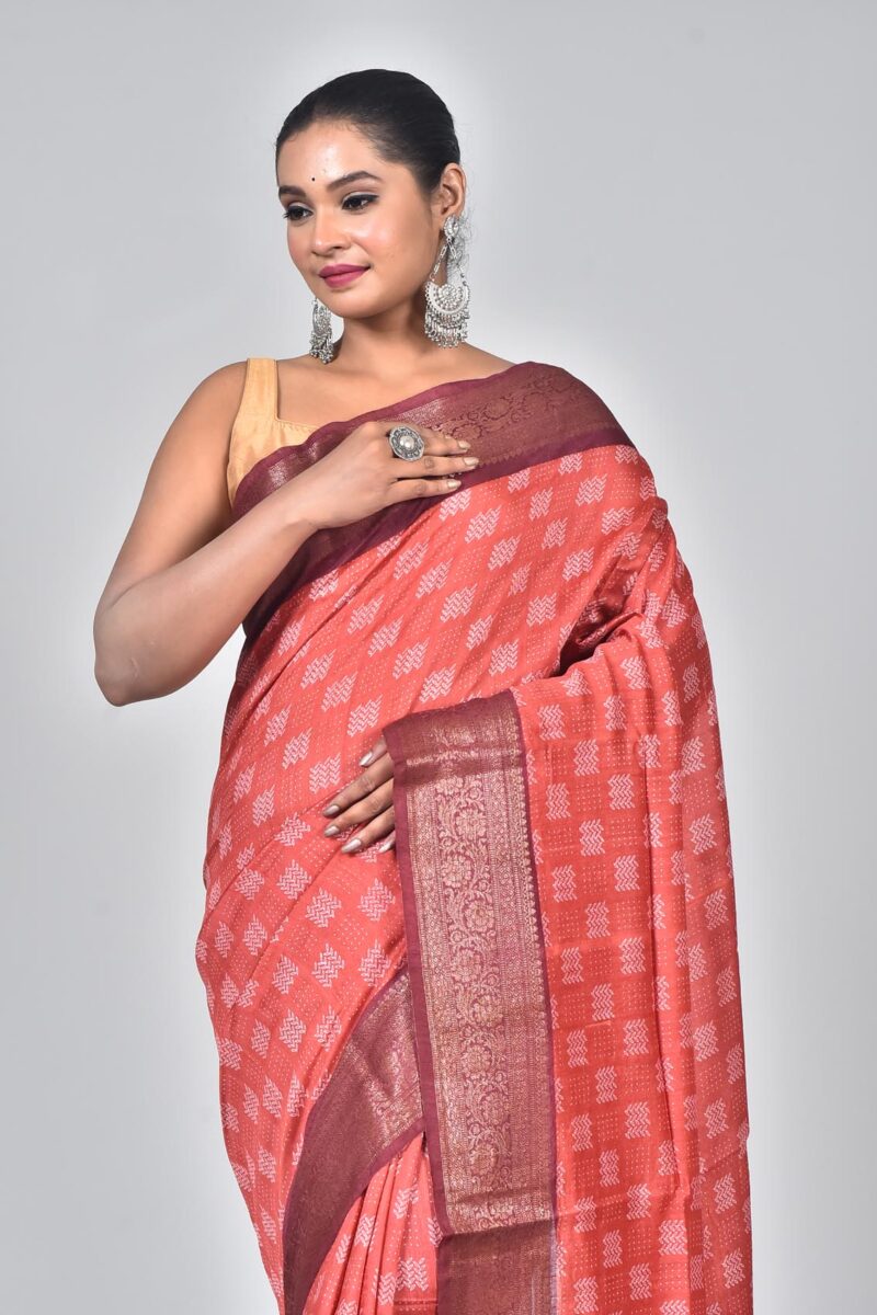 Silk Moonga Woven Saree with Jacquard Border Palla and Print (Rust)