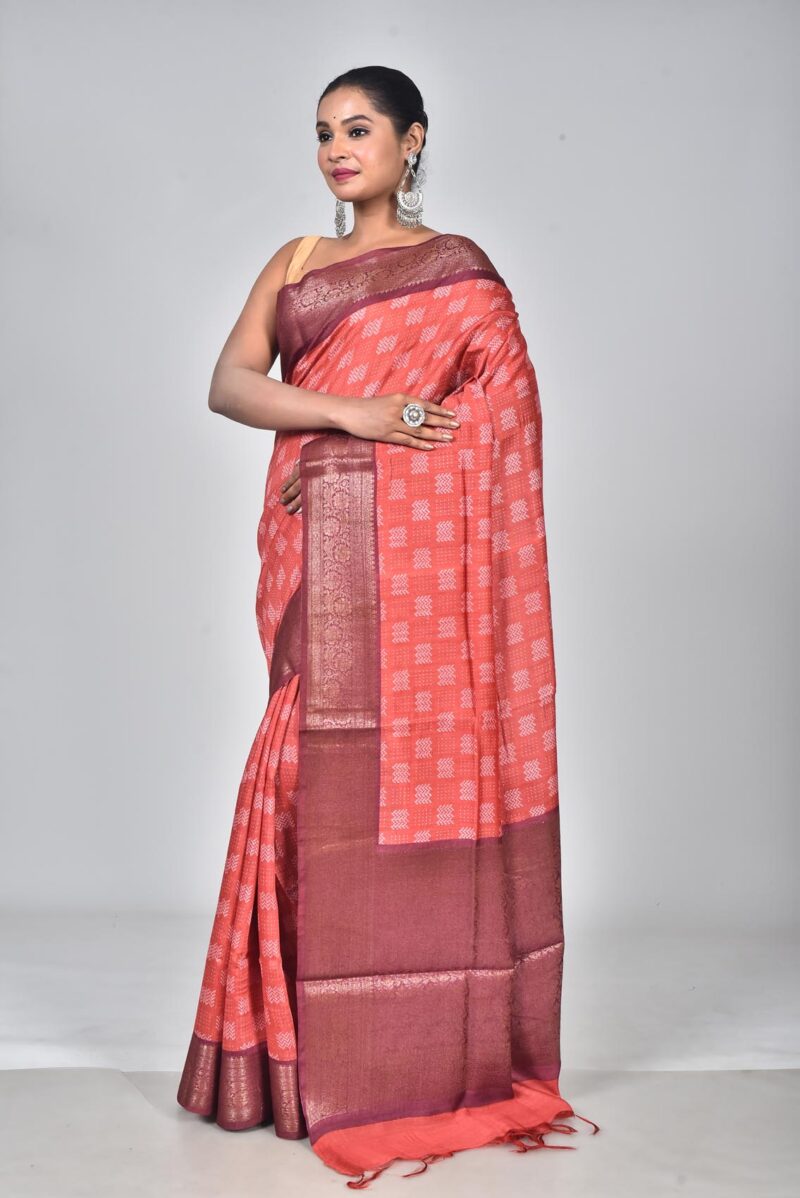 Silk Moonga Woven Saree with Jacquard Border Palla and Print (Rust)