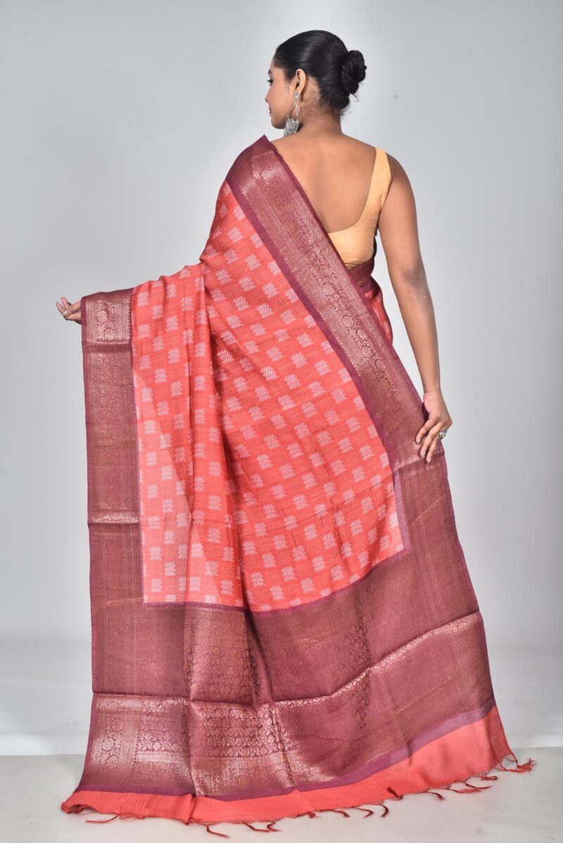 Silk Moonga Woven Saree with Jacquard Border Palla and Print (Rust)