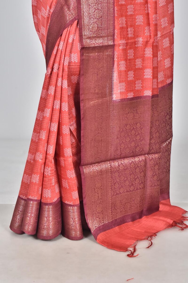 Silk Moonga Woven Saree with Jacquard Border Palla and Print (Rust)