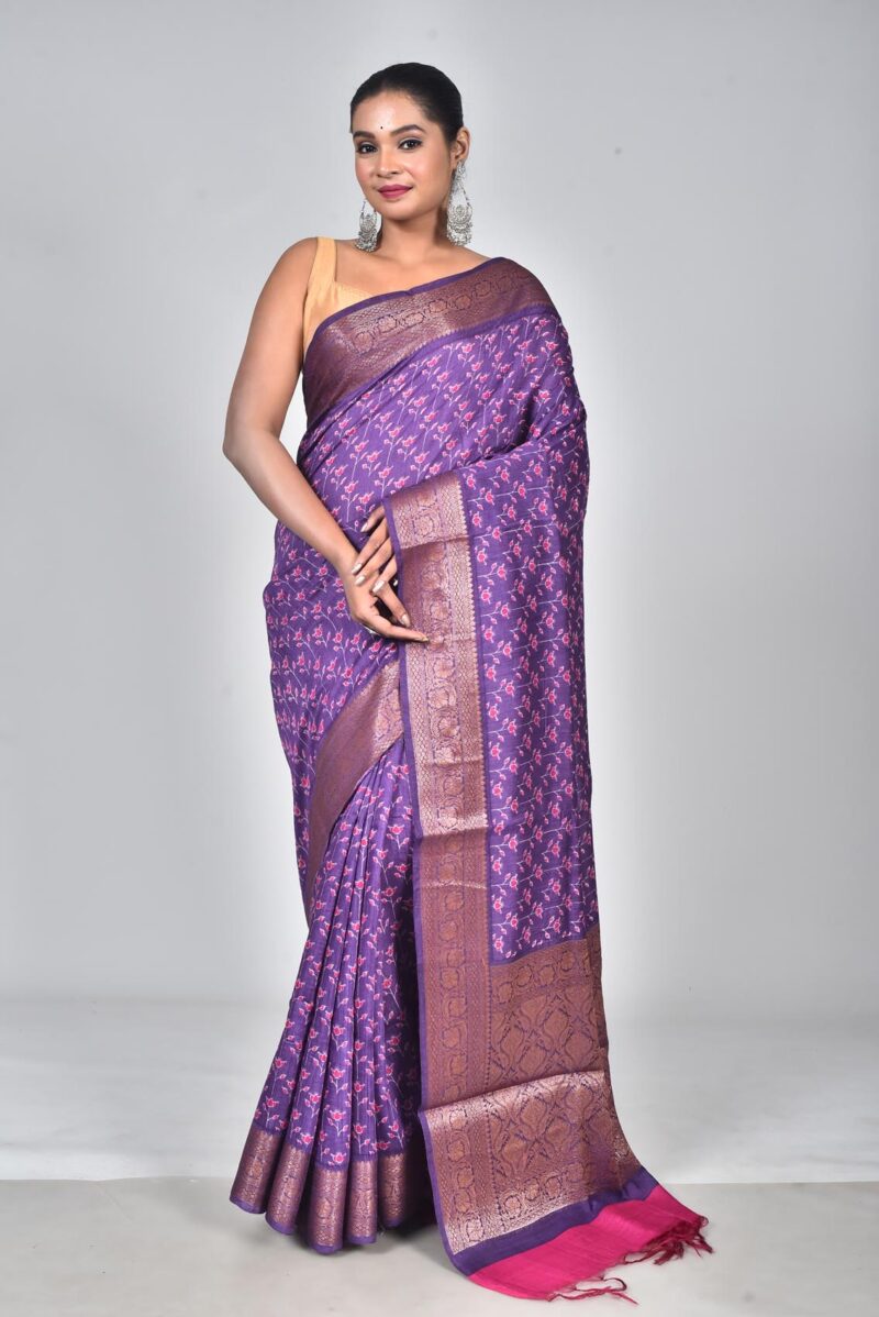 Silk Moonga Woven Saree with Jacquard Border Palla and Print (Purple)