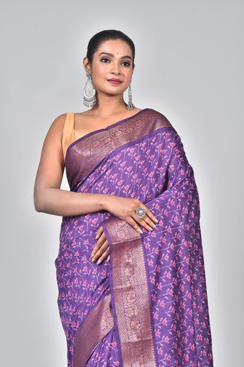 Silk Moonga Woven Saree with Jacquard Border Palla and Print (Purple)