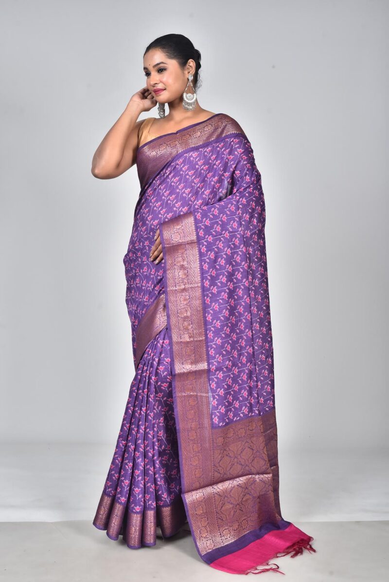 Silk Moonga Woven Saree with Jacquard Border Palla and Print (Purple)