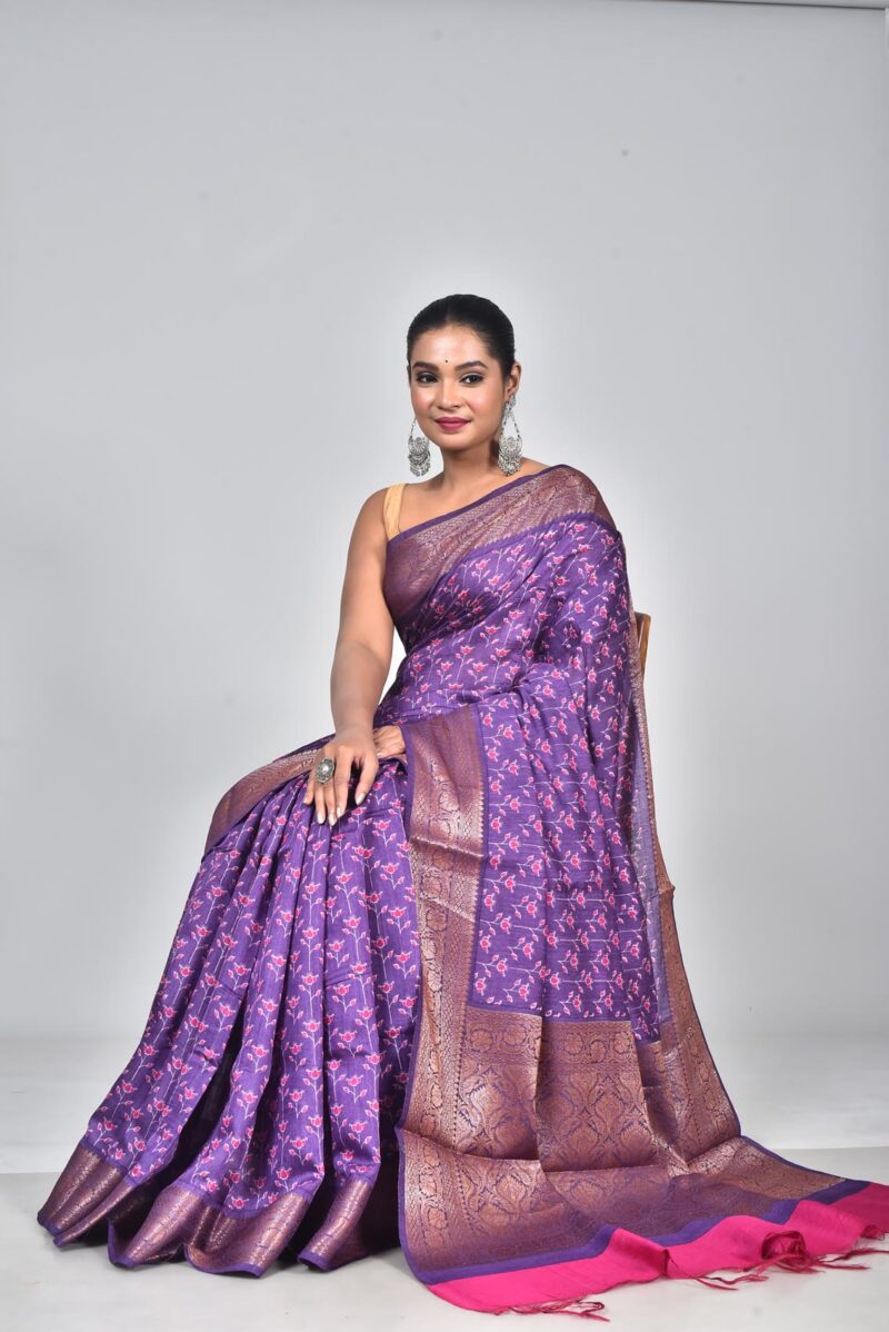 Silk Moonga Woven Saree with Jacquard Border Palla and Print (Purple)