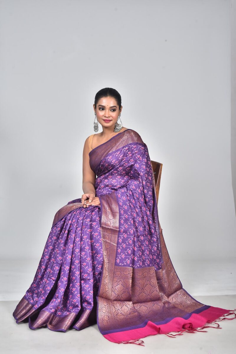 Silk Moonga Woven Saree with Jacquard Border Palla and Print (Purple)