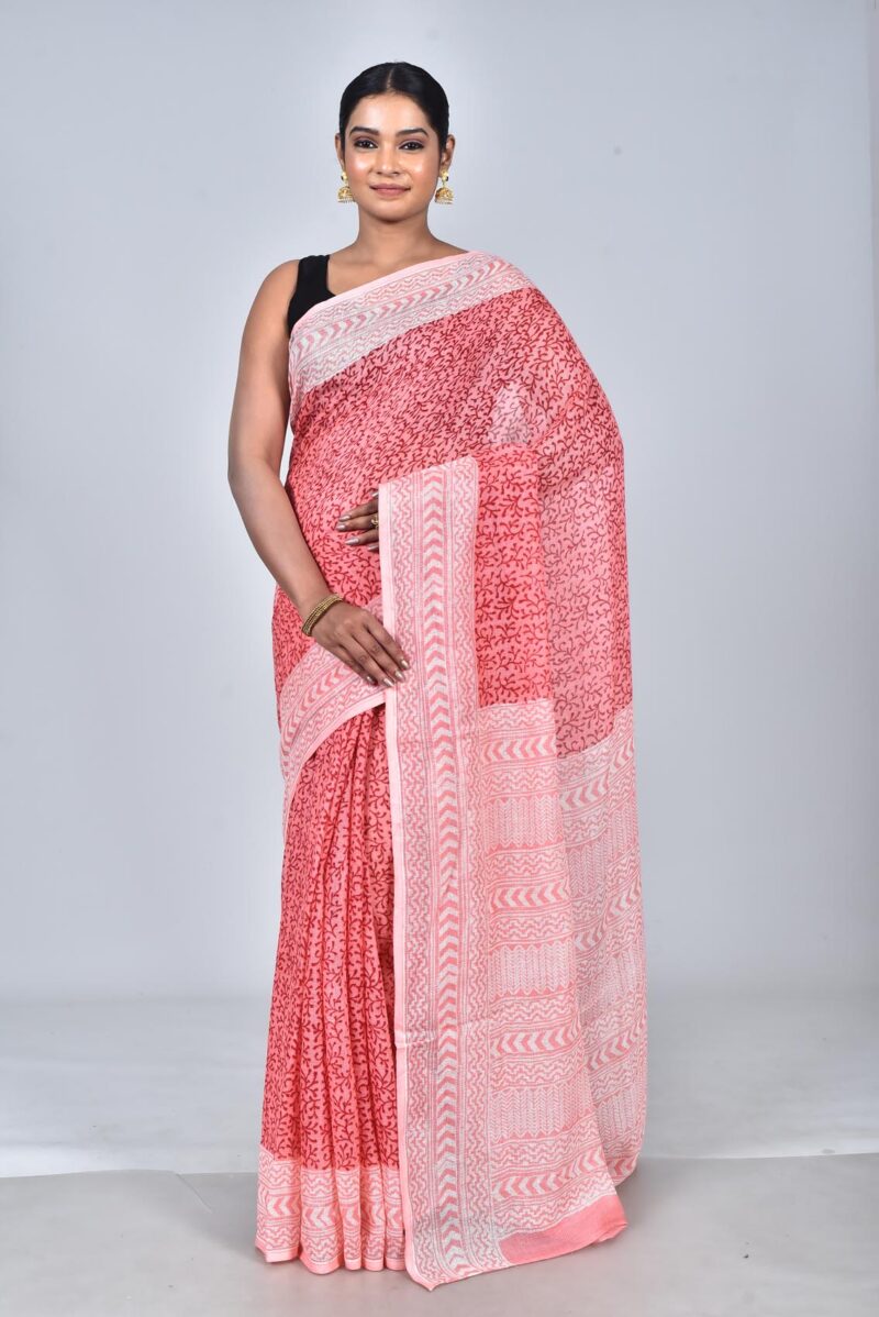 Nett Weave Linen Saree with Hand Block Print (Pink)