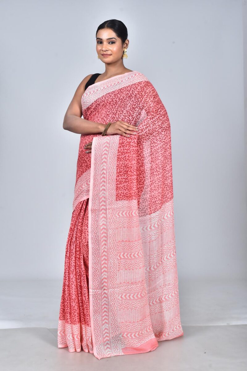 Nett Weave Linen Saree with Hand Block Print (Pink)