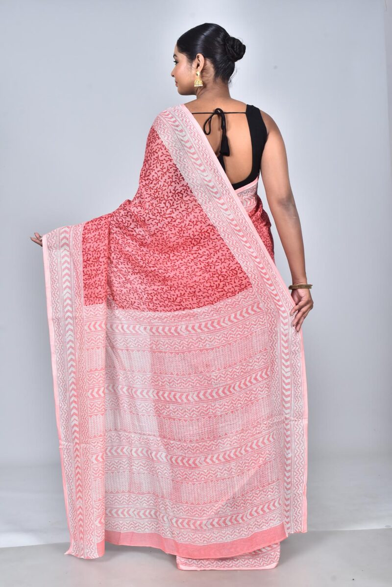 Nett Weave Linen Saree with Hand Block Print (Pink)