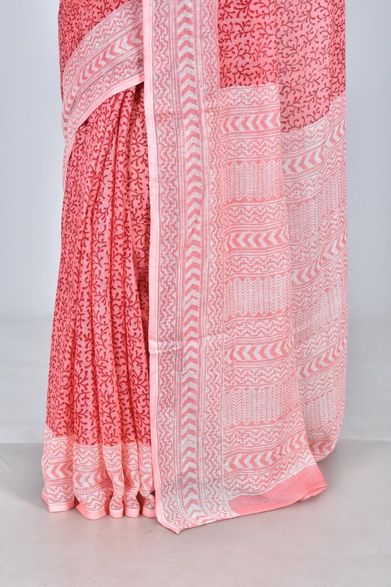 Nett Weave Linen Saree with Hand Block Print (Pink)