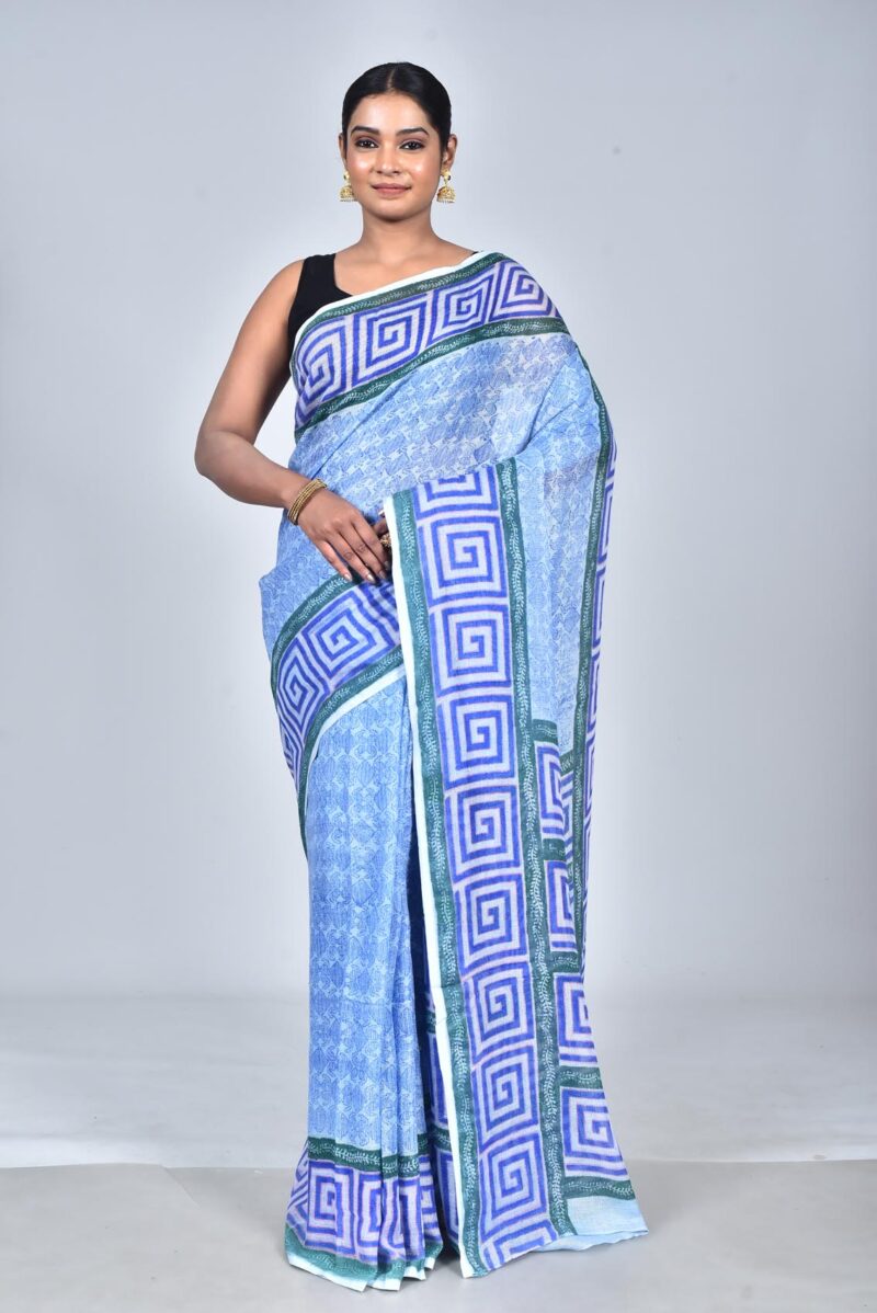 Nett Weave Linen Saree with Hand Block Print (Blue)