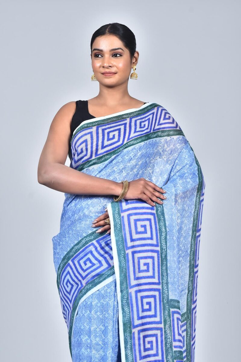 Nett Weave Linen Saree with Hand Block Print (Blue)