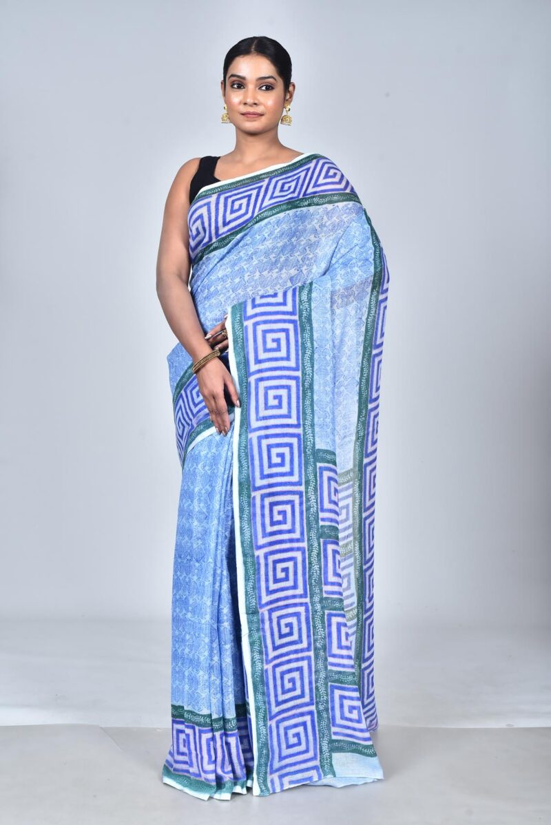 Nett Weave Linen Saree with Hand Block Print (Blue)