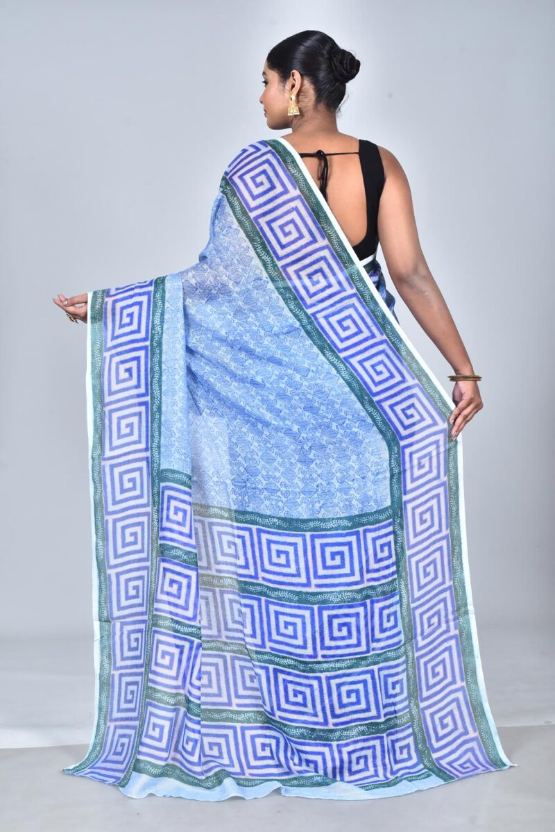 Nett Weave Linen Saree with Hand Block Print (Blue)