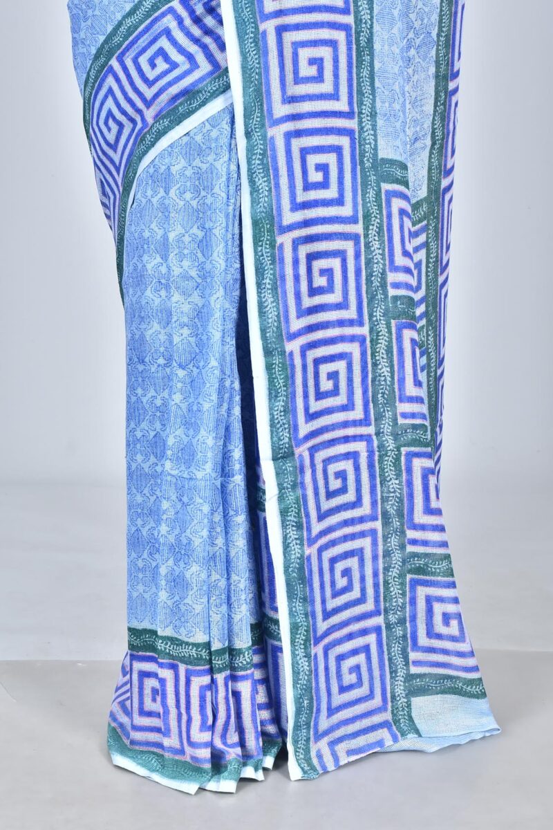 Nett Weave Linen Saree with Hand Block Print (Blue)