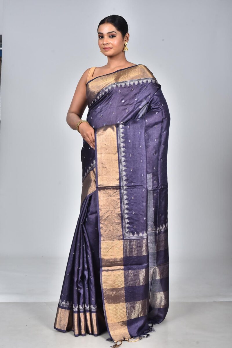 Tassar Saree with Digital Embroidery Work (Purple)