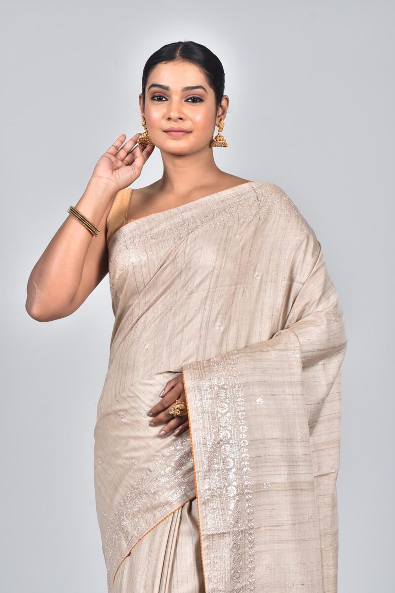 Silk Saree with Digital Embroidery Work (Beige)