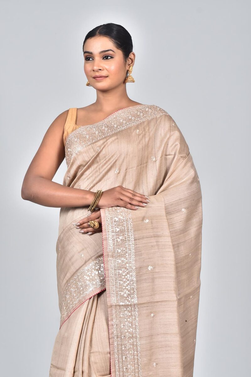 Silk Saree with Digital Embroidery Work (Beige)