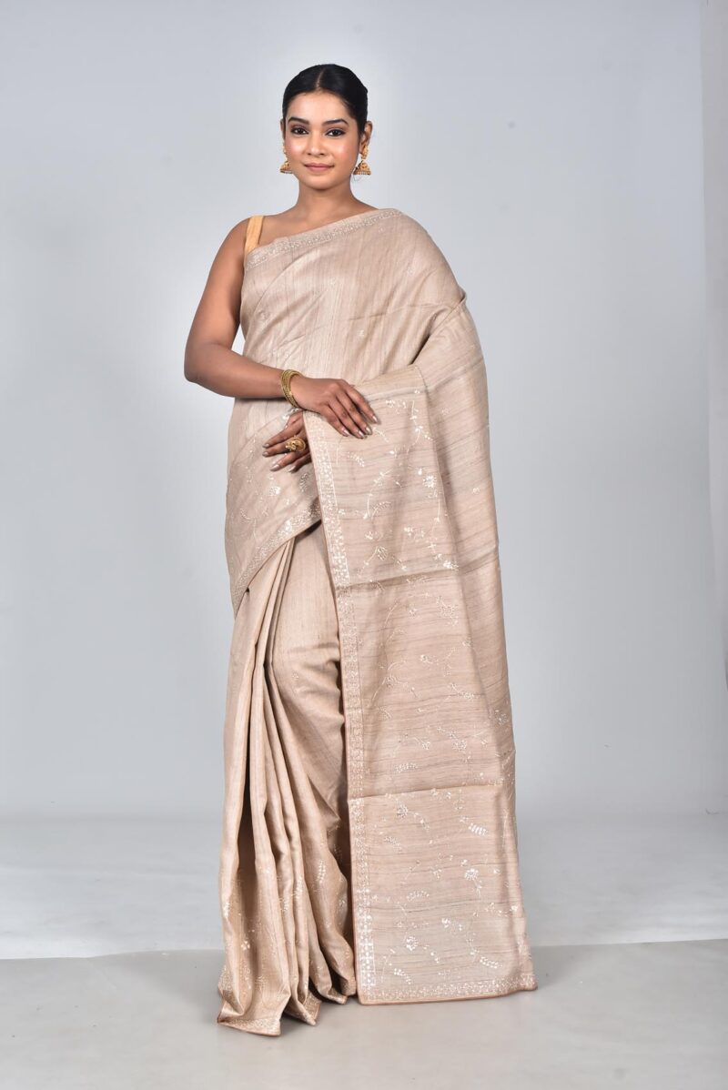 Silk Saree with Digital Embroidery Work (Beige)