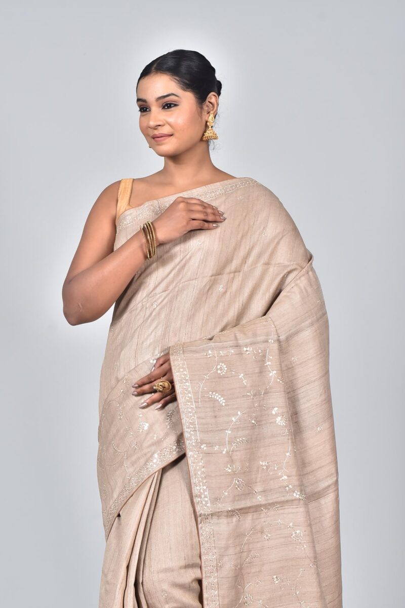 Silk Saree with Digital Embroidery Work (Beige)