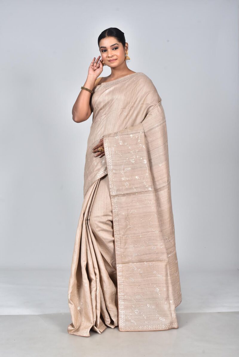 Silk Saree with Digital Embroidery Work (Beige)