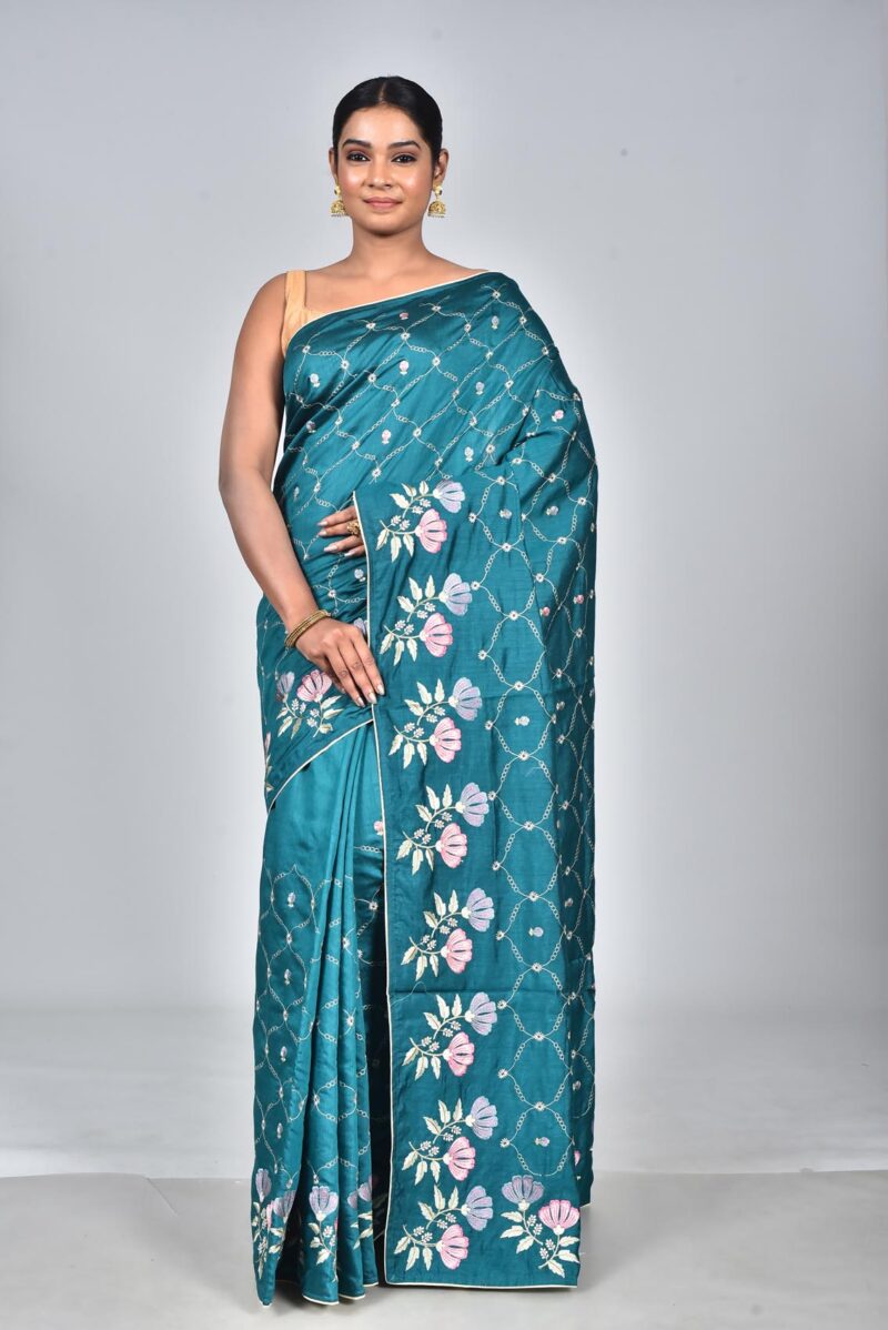 Silk Saree with Digital Embroidery Work (Peacock Green)