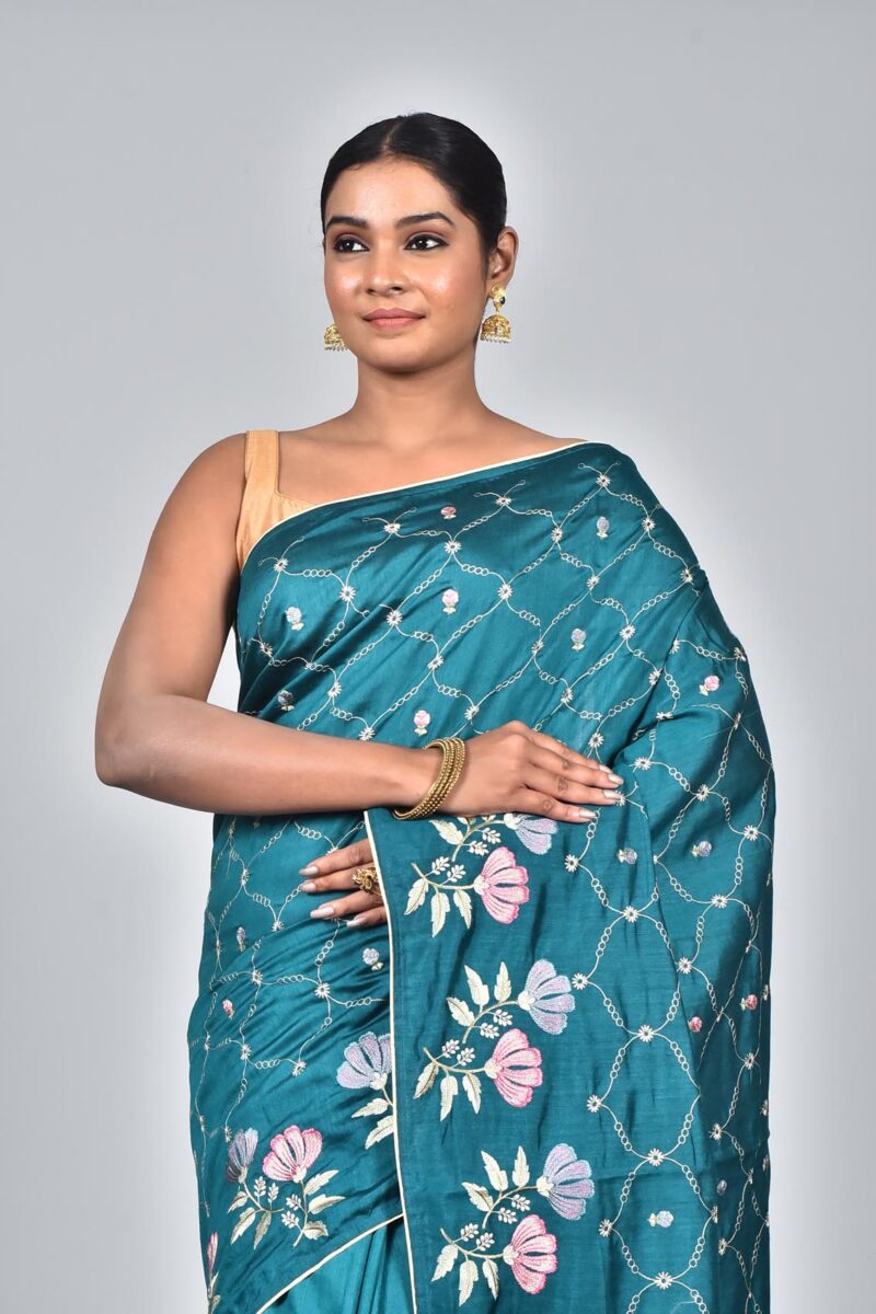 Silk Saree with Digital Embroidery Work (Peacock Green)