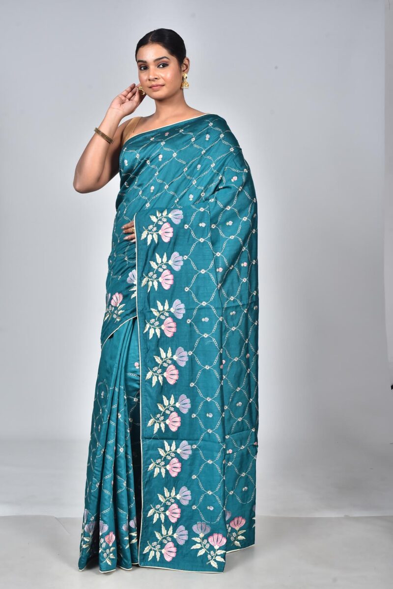 Silk Saree with Digital Embroidery Work (Peacock Green)