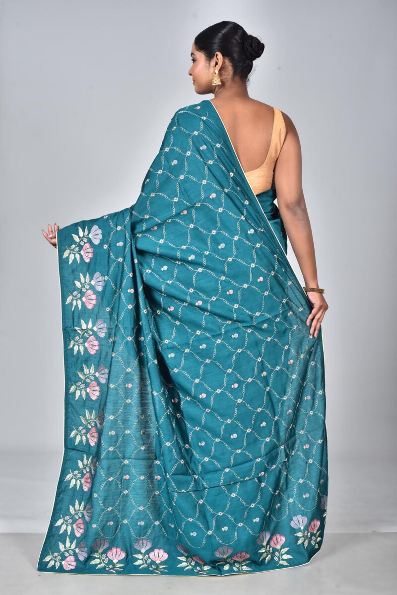 Silk Saree with Digital Embroidery Work (Peacock Green)