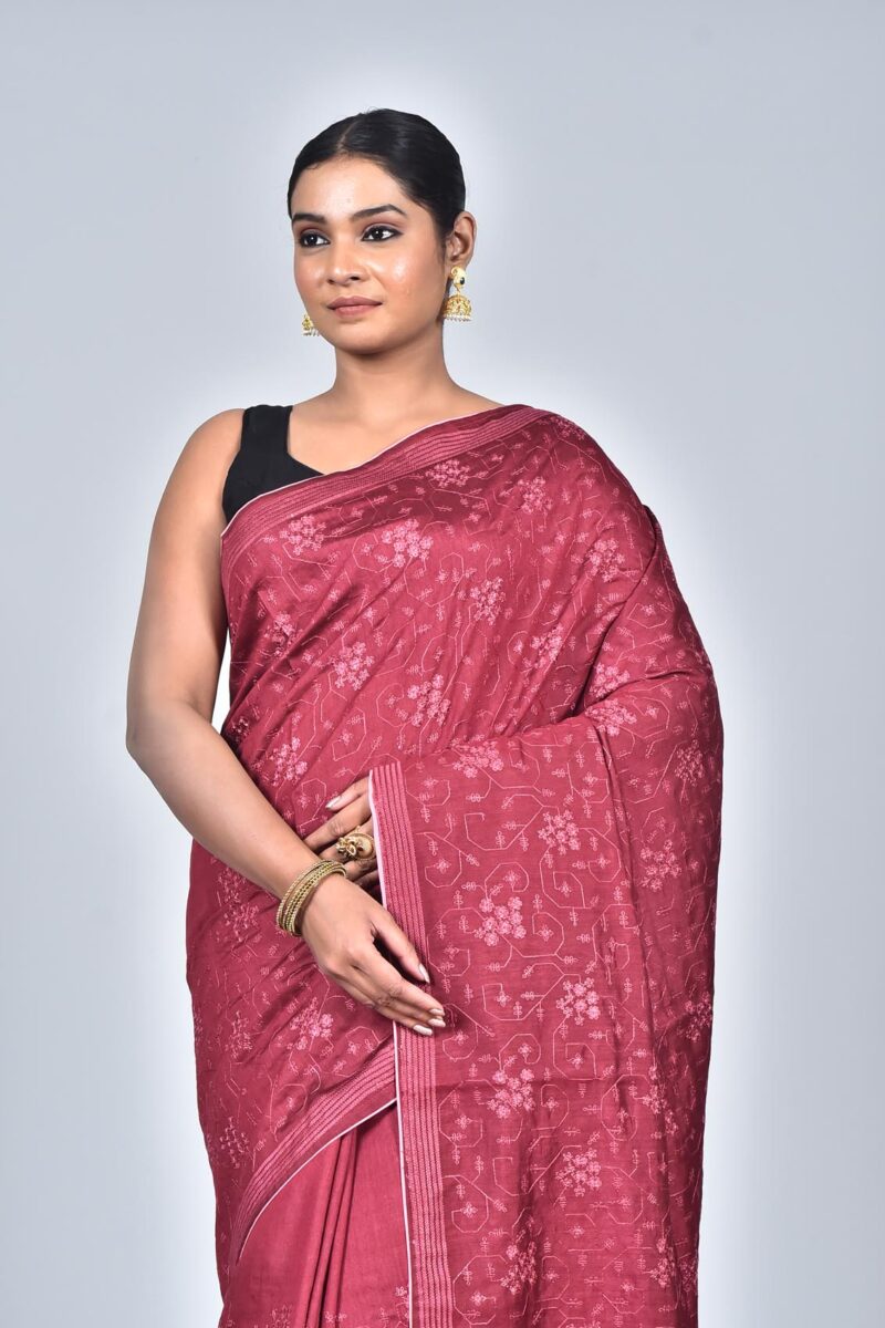 Silk Saree with Digital Embroidery Work (Dark Pink )