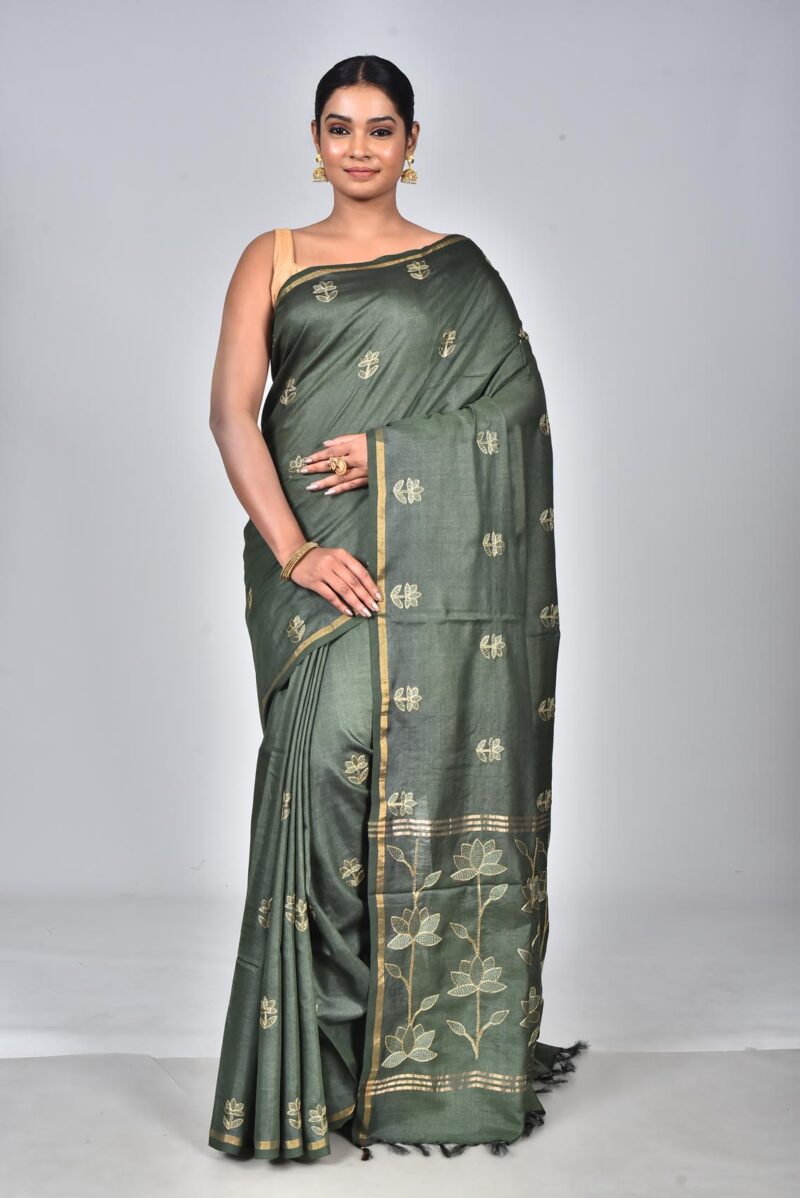 Silk Saree with Digital Embroidery Work (Olive Green)