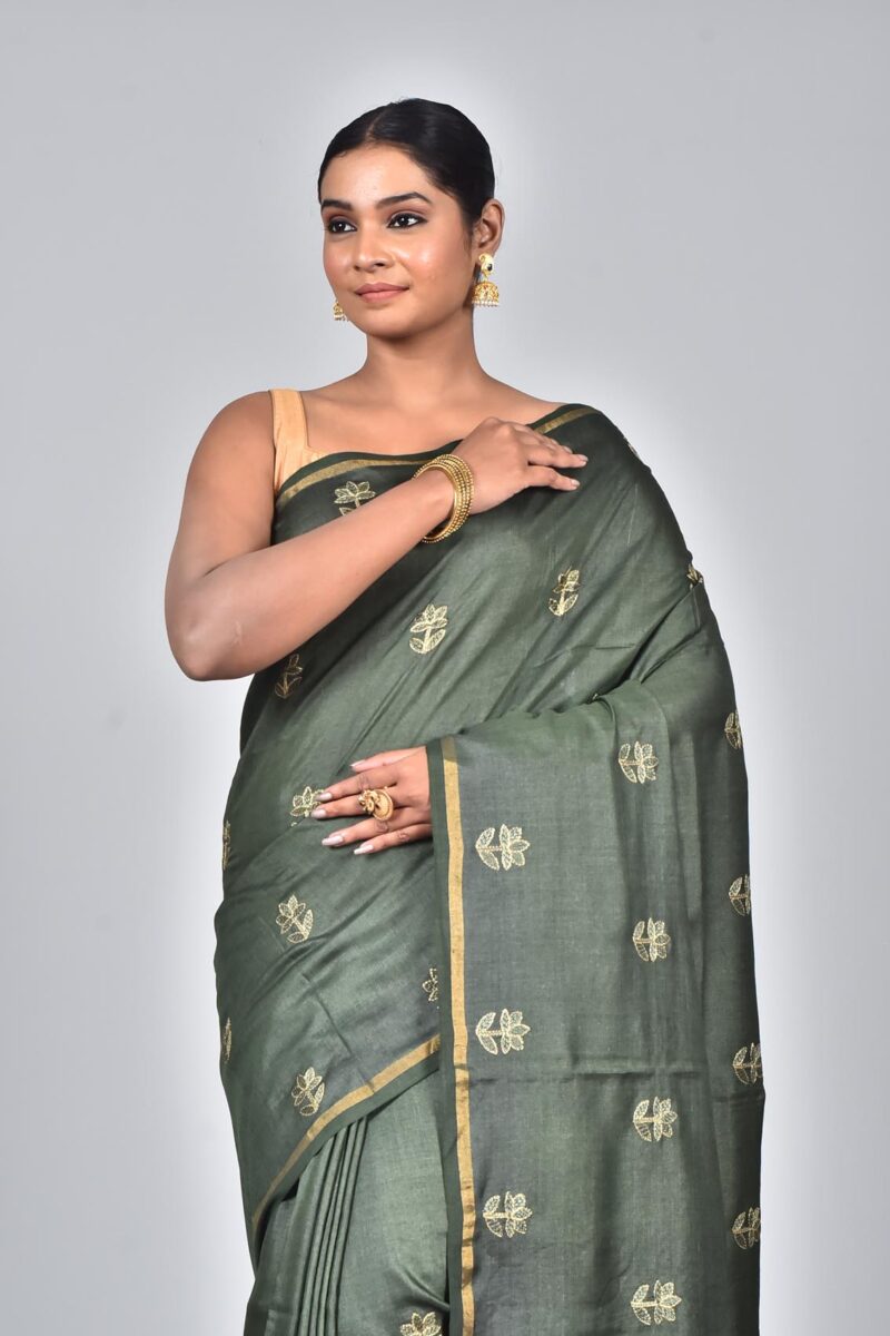 Silk Saree with Digital Embroidery Work (Olive Green)