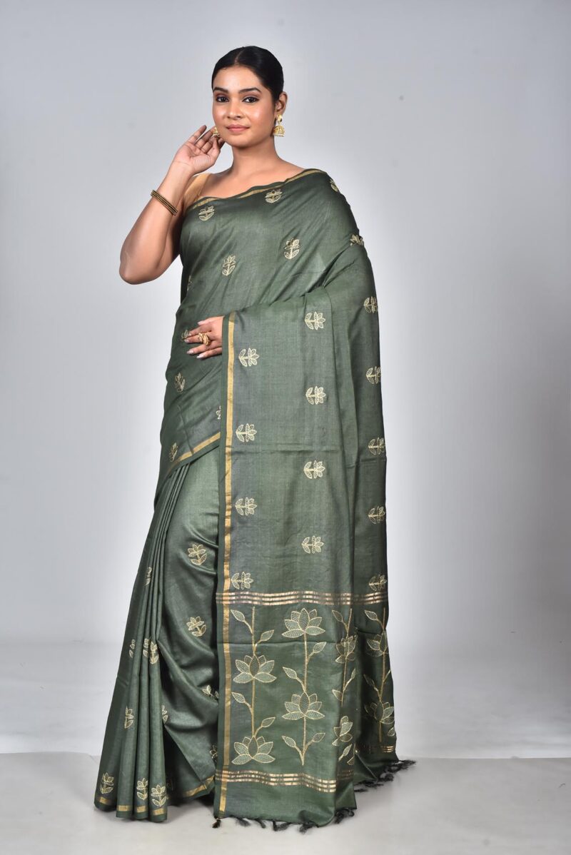 Silk Saree with Digital Embroidery Work (Olive Green)