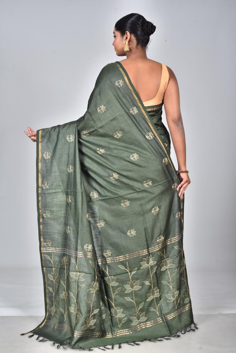 Silk Saree with Digital Embroidery Work (Olive Green)