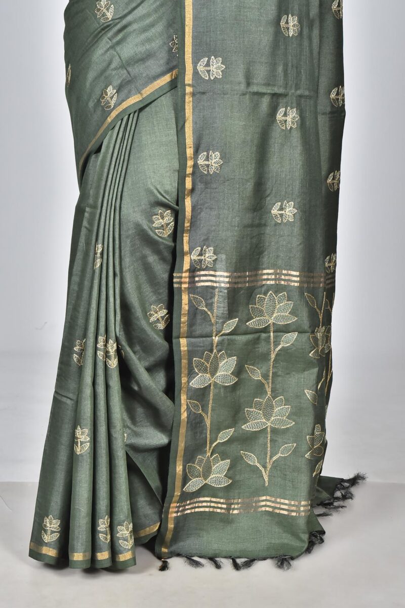 Silk Saree with Digital Embroidery Work (Olive Green)