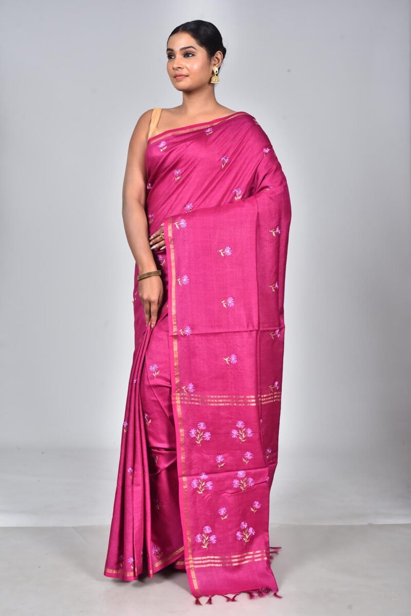 Silk Saree with Digital Embroidery Work (Dark Pink )