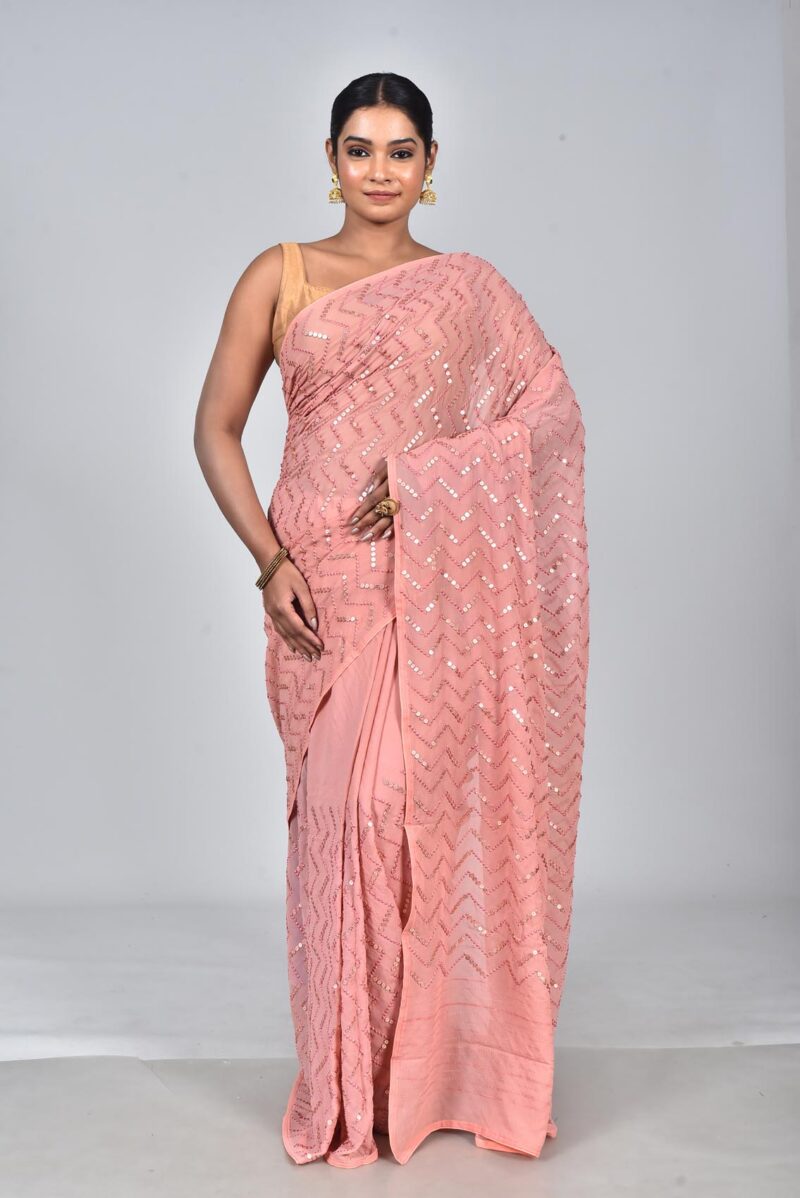 Viscose Georgetter Saree with Digital Embroidery Work (Peach)