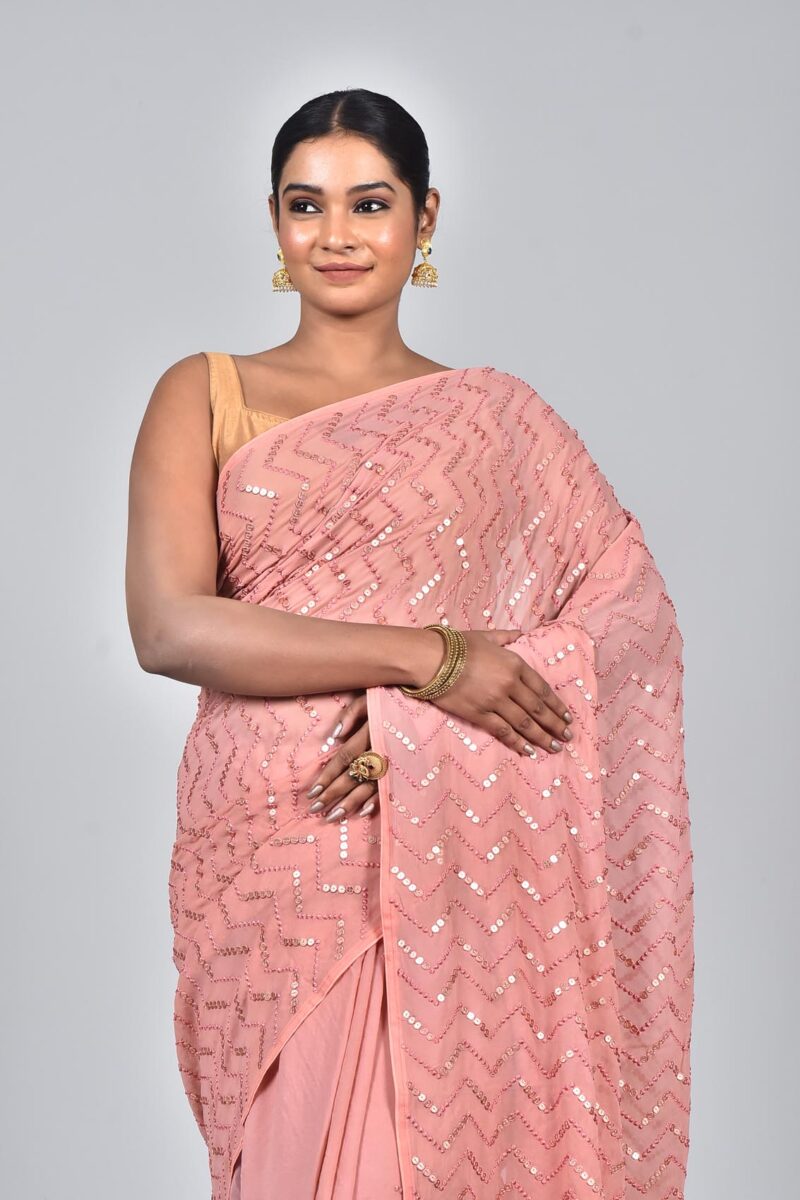 Viscose Georgetter Saree with Digital Embroidery Work (Peach)