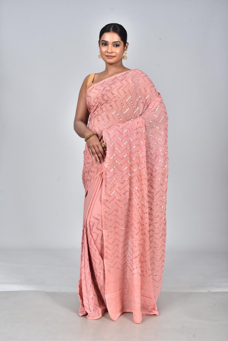 Viscose Georgetter Saree with Digital Embroidery Work (Peach)