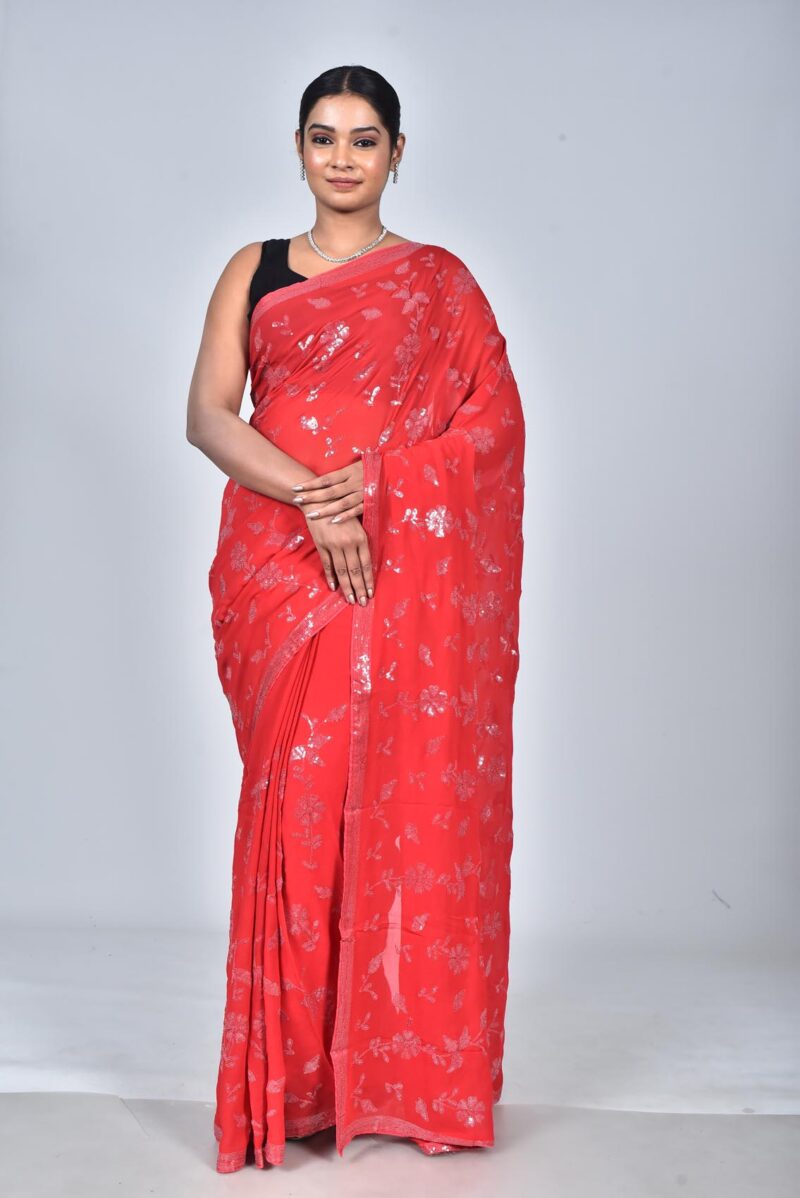 Viscose Georgetter Saree with Digital Embroidery Work (Red)