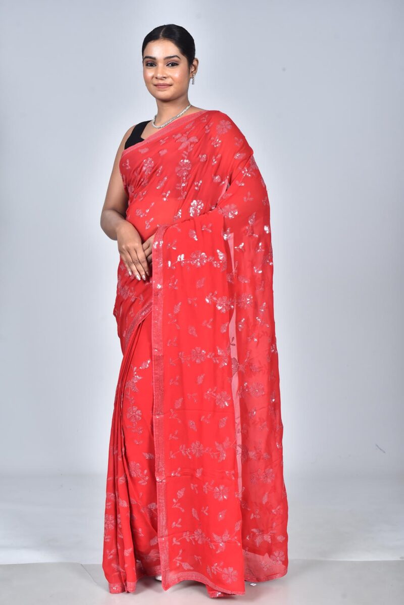 Viscose Georgetter Saree with Digital Embroidery Work (Red)