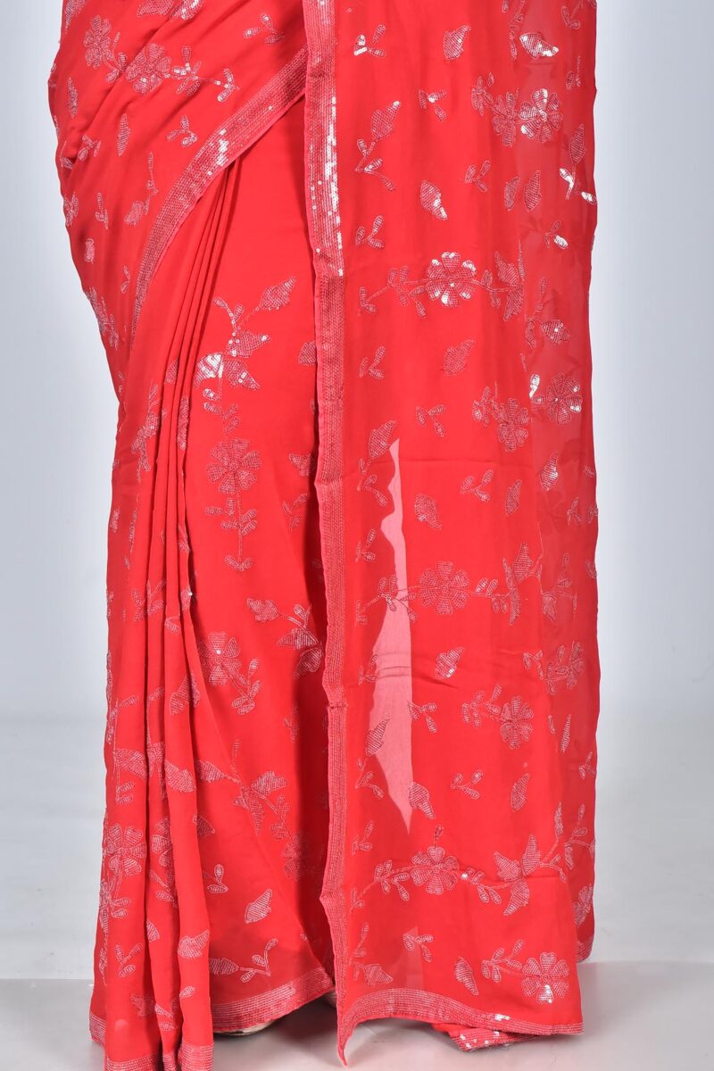 Viscose Georgetter Saree with Digital Embroidery Work (Red)