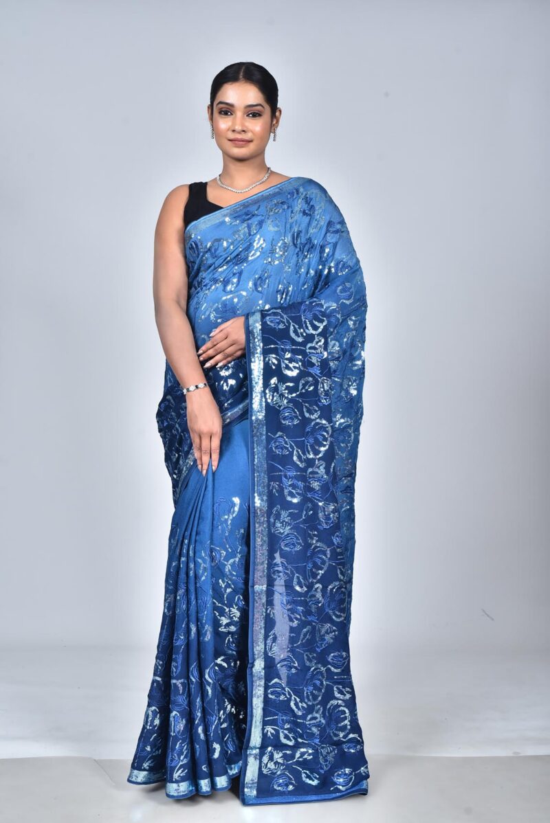 Viscose Georgetter Saree with Digital Embroidery Work (Blue)