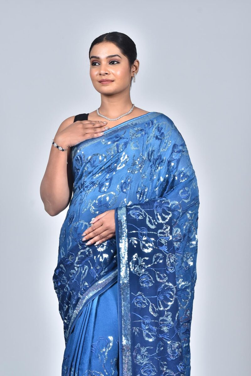 Viscose Georgetter Saree with Digital Embroidery Work (Blue)