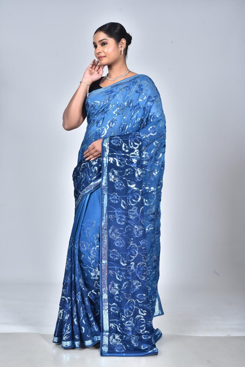 Viscose Georgetter Saree with Digital Embroidery Work (Blue)