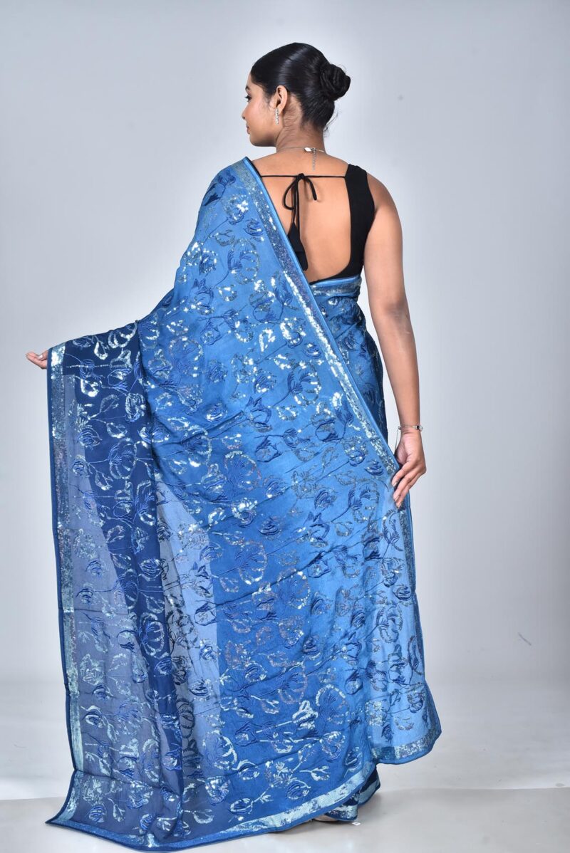 Viscose Georgetter Saree with Digital Embroidery Work (Blue)